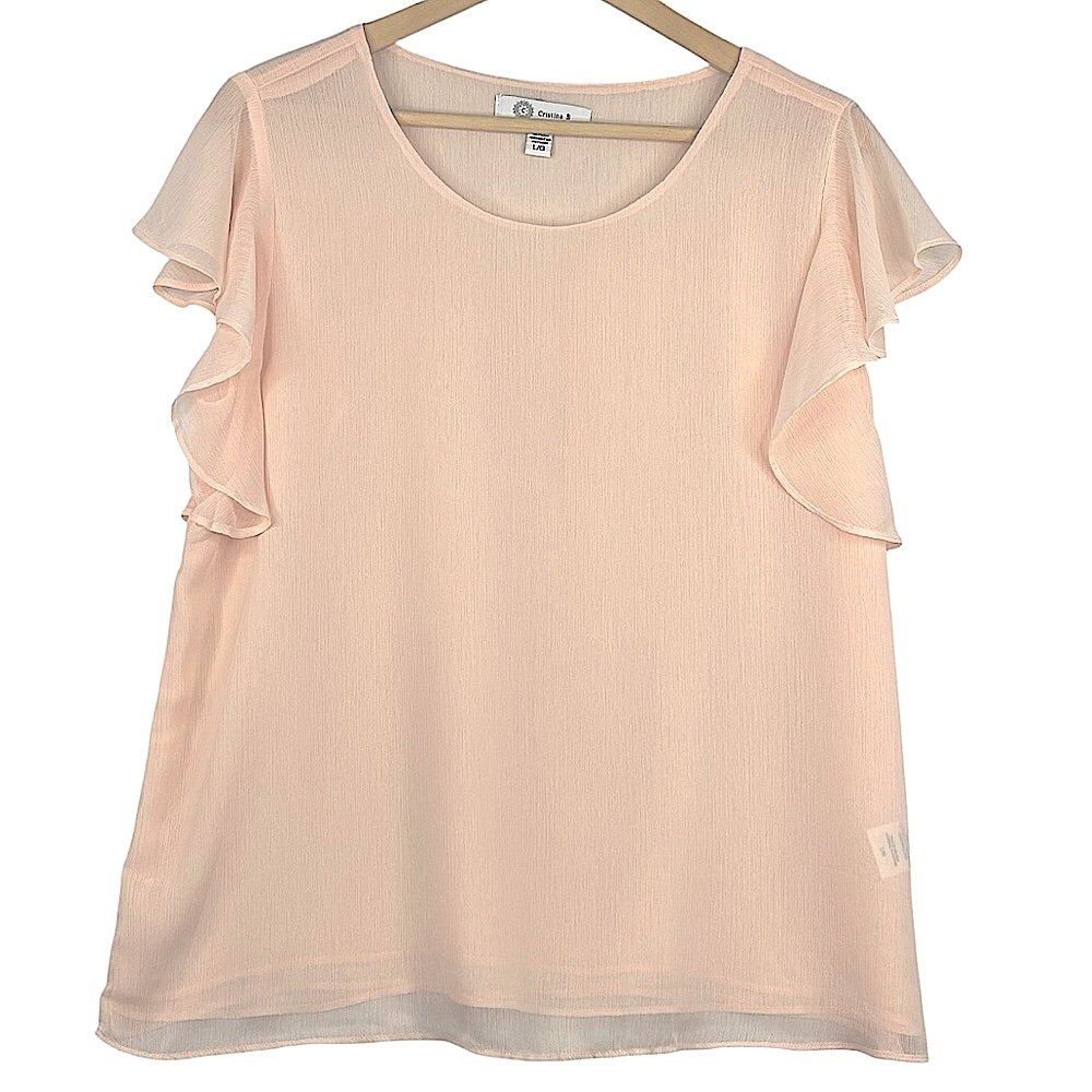 Cristina B Light Blush Peach Layered Semi Sheer Flutter Sleeve Blouse L